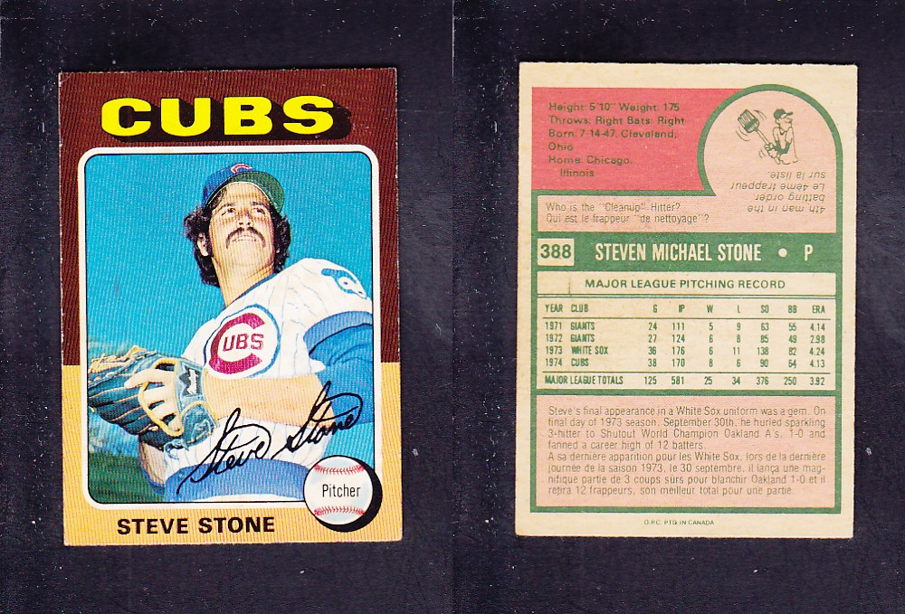 1975 O-PEE-CHEE BASEBALL CARD #388 S. STONE photo