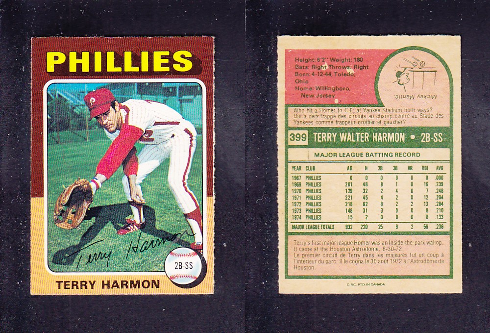 1975 O-PEE-CHEE BASEBALL CARD #399 T. HARMON photo