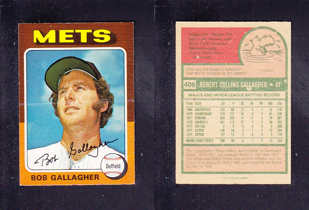 1975 O-PEE-CHEE BASEBALL CARD #406 B. GALLAGHER photo