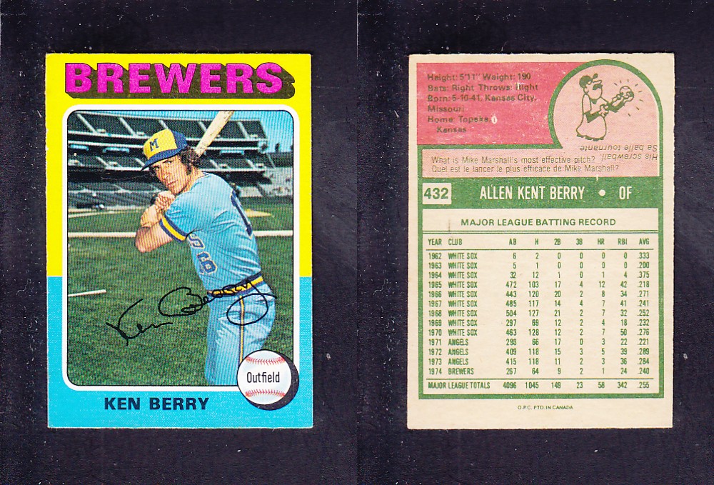 1975 O-PEE-CHEE BASEBALL CARD #432 K. BERRY photo