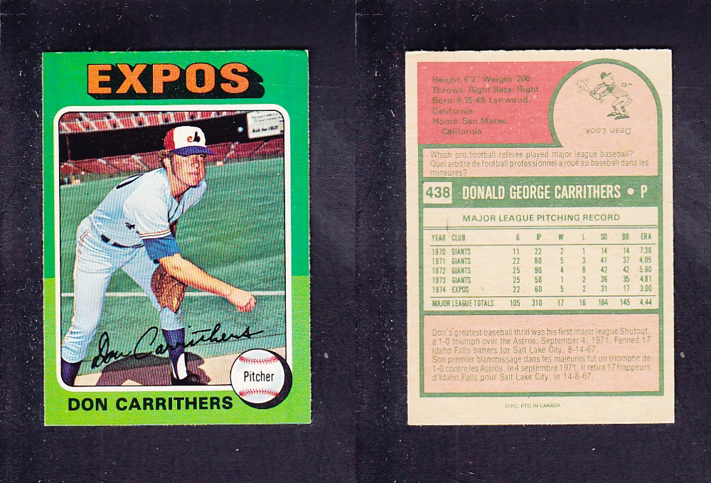 1975 O-PEE-CHEE BASEBALL CARD #438 D. CARRITHERS photo