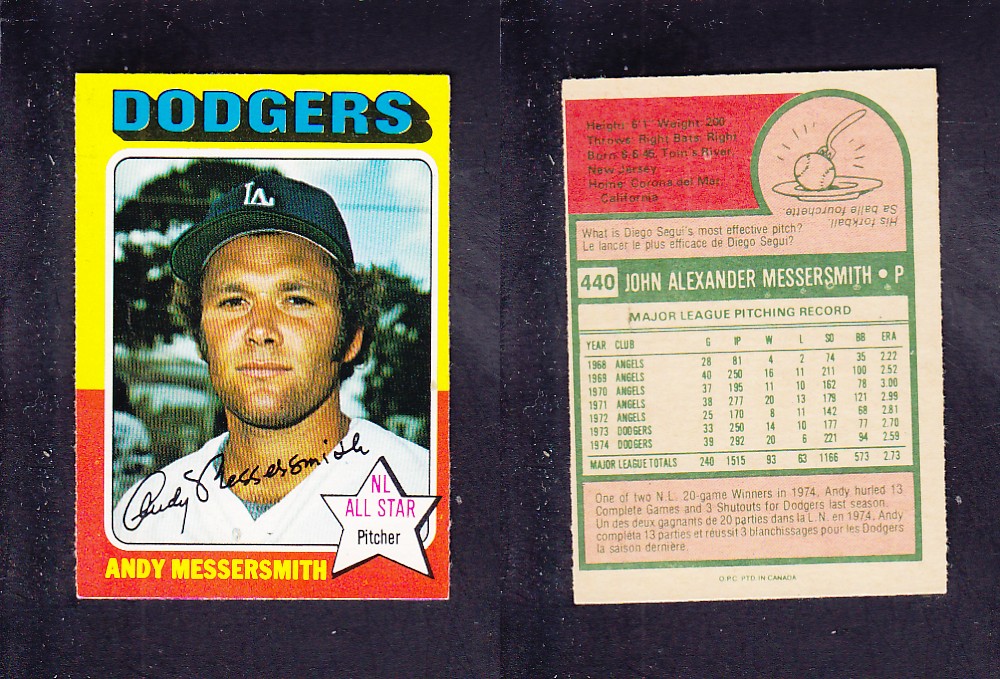 1975 O-PEE-CHEE BASEBALL CARD #440 A. MESSERSMITH photo