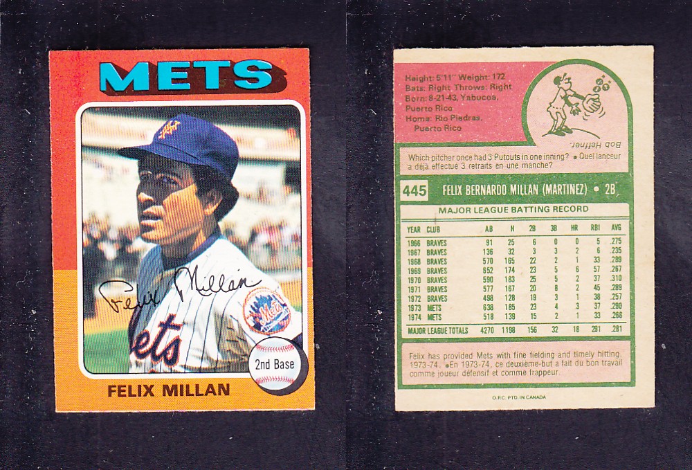 1975 O-PEE-CHEE BASEBALL CARD #445 F. MILLAN photo