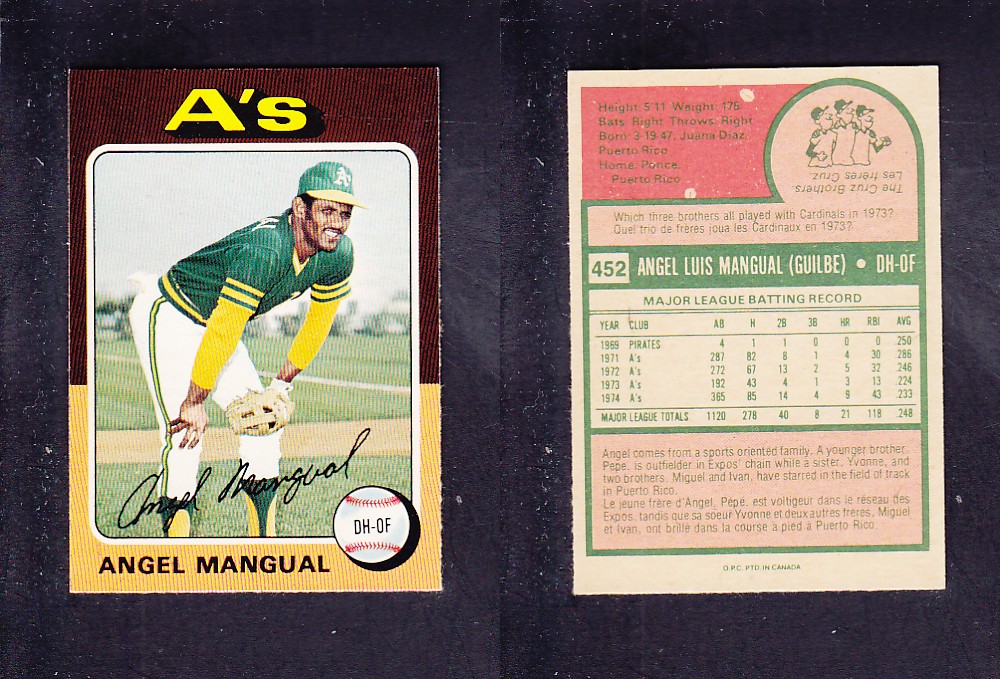 1975 O-PEE-CHEE BASEBALL CARD #452 A. MANGUAL photo