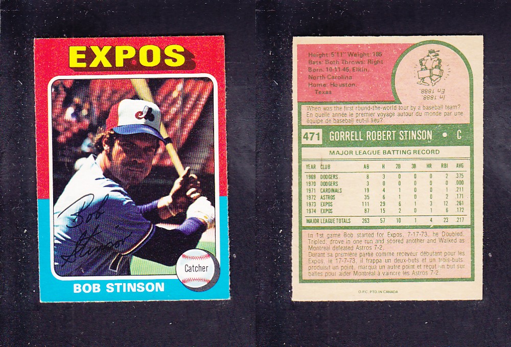 1975 O-PEE-CHEE BASEBALL CARD #471 B. STINSON photo