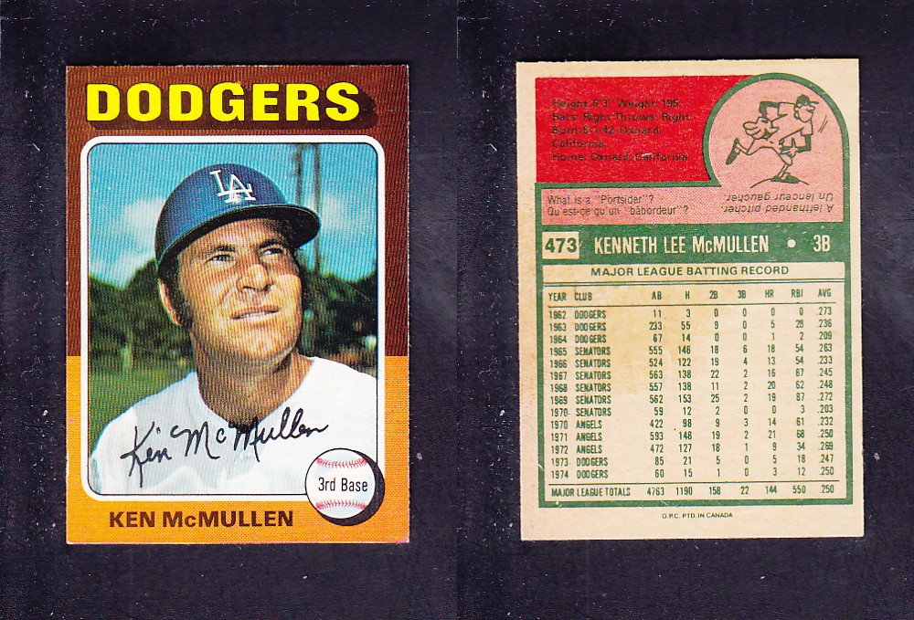 1975 O-PEE-CHEE BASEBALL CARD #473 K. McMULLEN photo