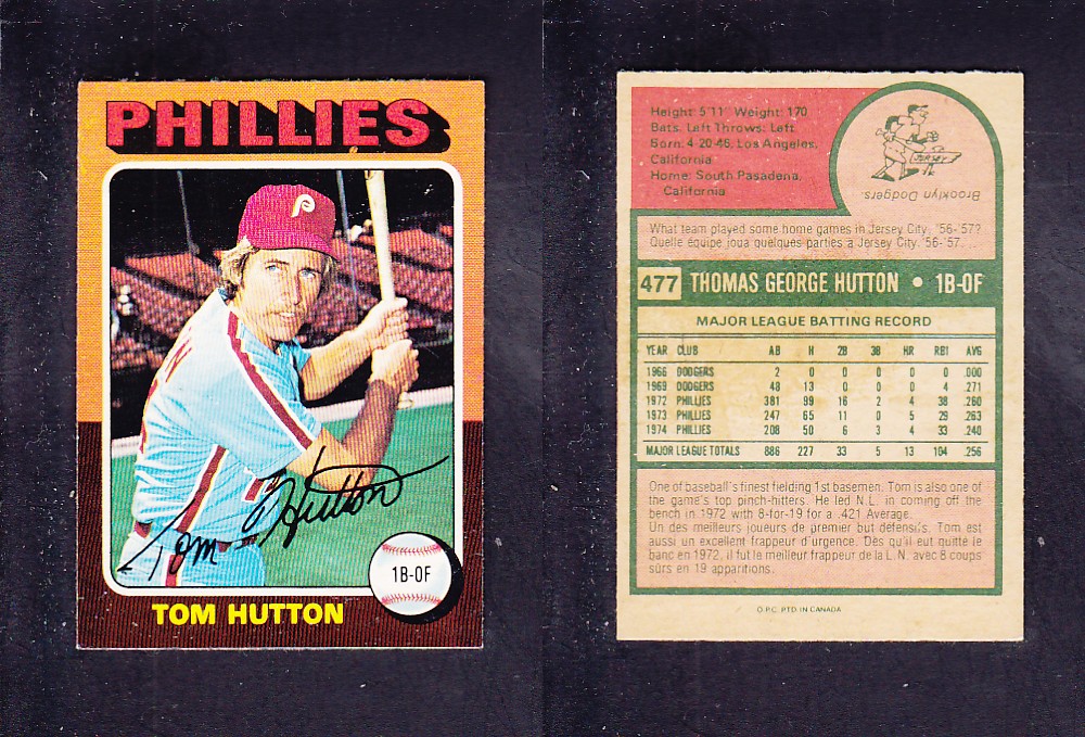 1975 O-PEE-CHEE BASEBALL CARD #477 T. HUTTON photo