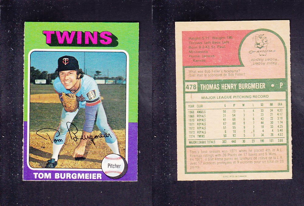 1975 O-PEE-CHEE BASEBALL CARD #478 T. BURGMEIER photo