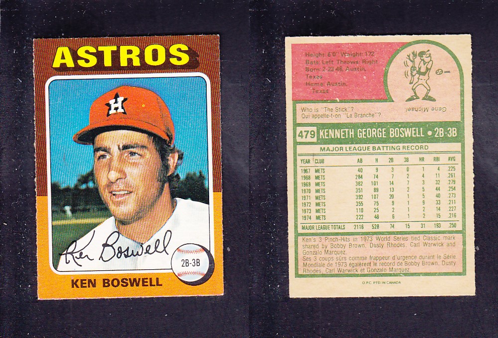 1975 O-PEE-CHEE BASEBALL CARD #479 K. BOSWELL photo