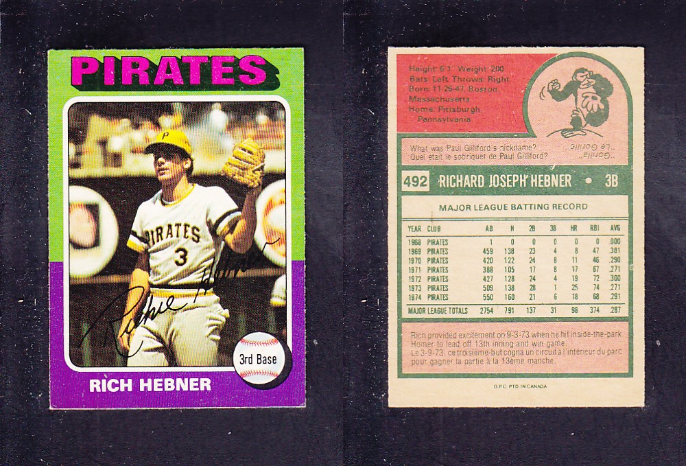 1975 O-PEE-CHEE BASEBALL CARD #492 R. HEBNER photo