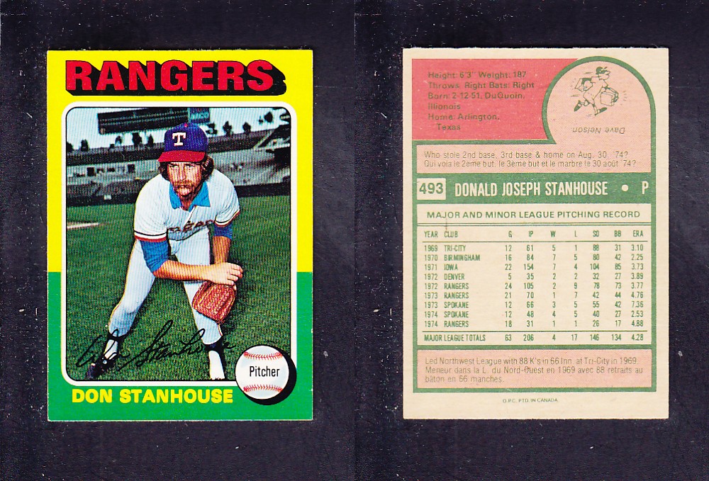 1975 O-PEE-CHEE BASEBALL CARD #493 D. STANHOUSE photo