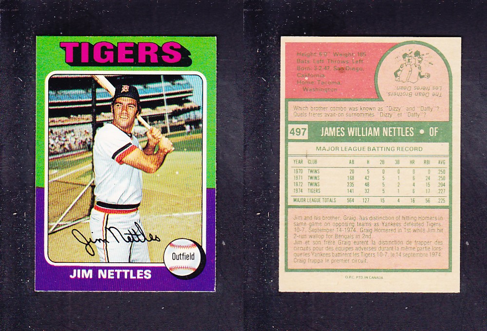 1975 O-PEE-CHEE BASEBALL CARD #497 J. NETTLES photo