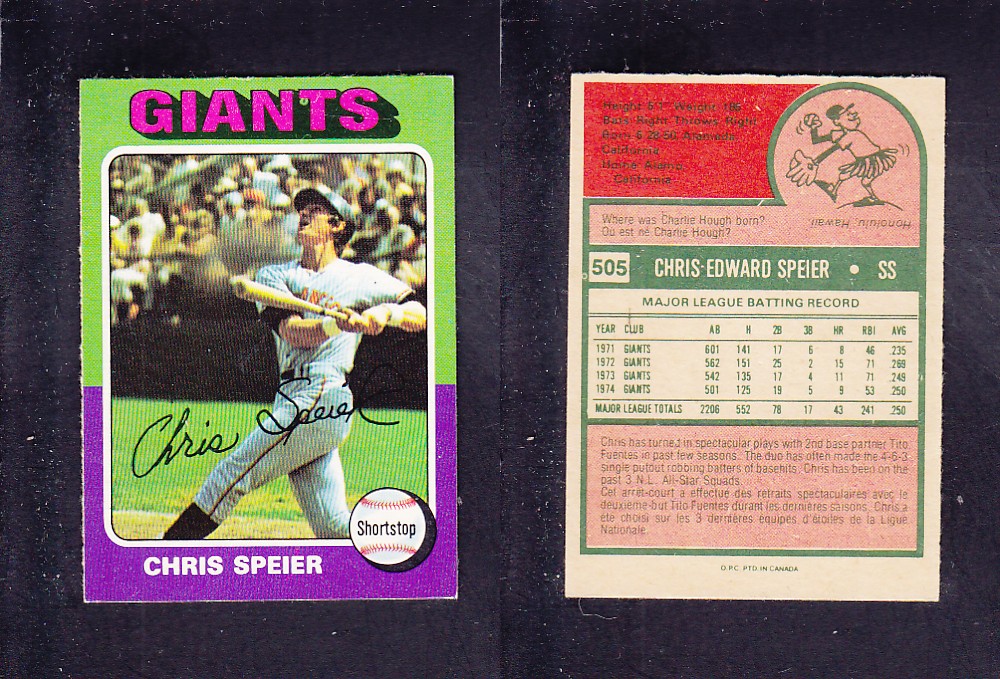 1975 O-PEE-CHEE BASEBALL CARD #505 C. SPEIER photo