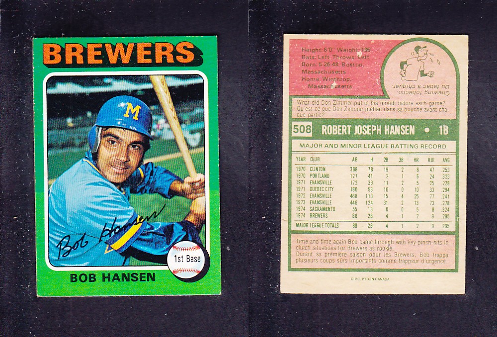 1975 O-PEE-CHEE BASEBALL CARD #508 B. HANSEN photo