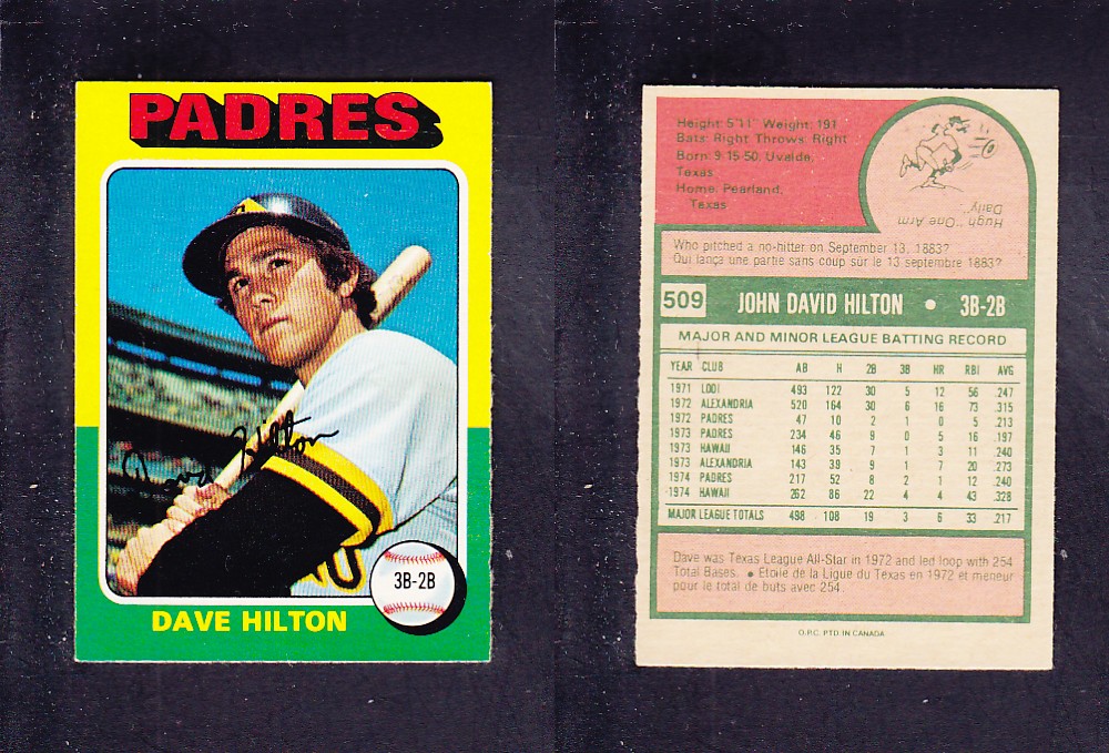 1975 O-PEE-CHEE BASEBALL CARD #509 D. HILTON photo