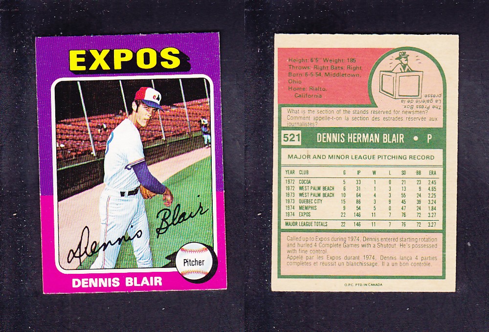 1975 O-PEE-CHEE BASEBALL CARD #521 D. BLAIR photo