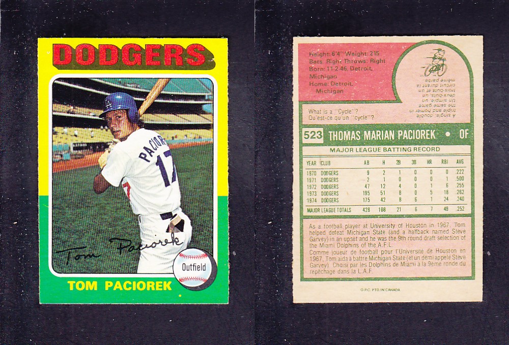 1975 O-PEE-CHEE BASEBALL CARD #523 T. PACIOREK photo