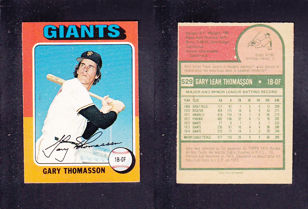 1975 O-PEE-CHEE BASEBALL CARD #529 G. THOMASSON photo