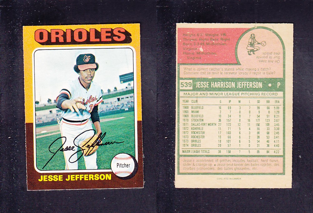 1975 O-PEE-CHEE BASEBALL CARD #539 J. JEFFERSON photo