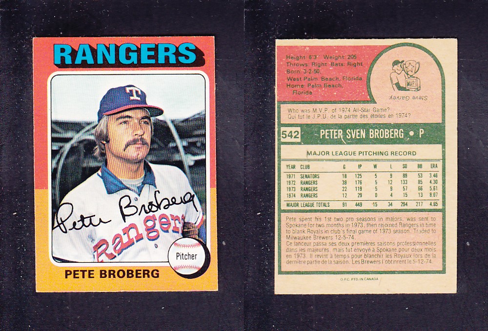 1975 O-PEE-CHEE BASEBALL CARD #542 P. BROBERG photo