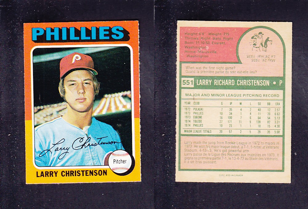 1975 O-PEE-CHEE BASEBALL CARD #551 L. CHRISTENSON photo