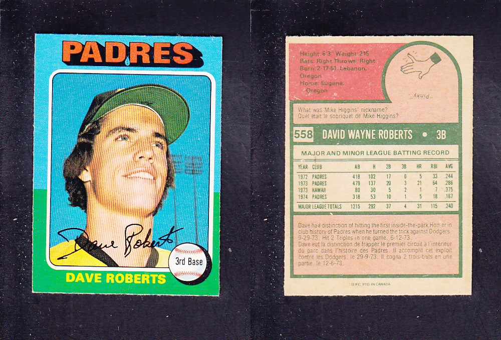 1975 O-PEE-CHEE BASEBALL CARD #558 D. ROBERTS photo