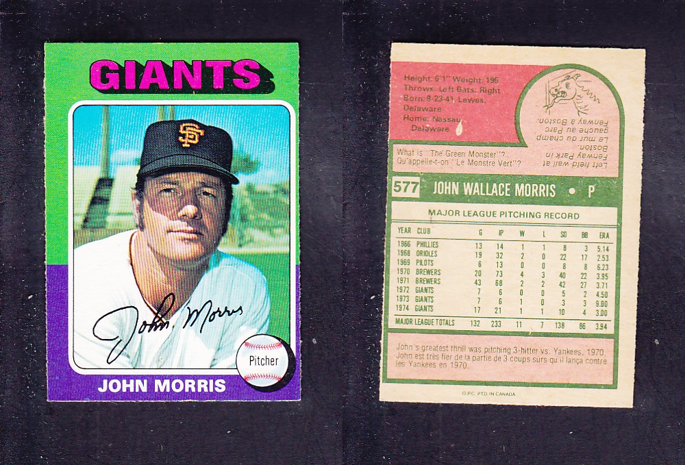 1975 O-PEE-CHEE BASEBALL CARD #577 J. MORRIS photo