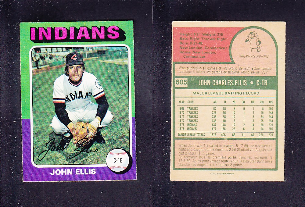 1975 O-PEE-CHEE BASEBALL CARD #605 J. ELLIS photo