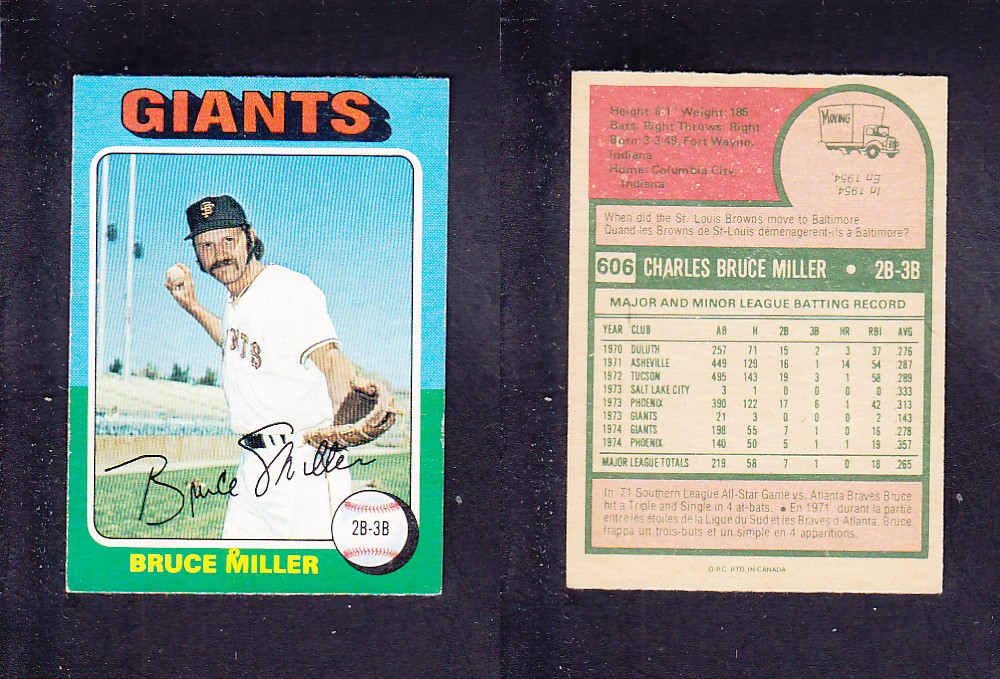 1975 O-PEE-CHEE BASEBALL CARD #606 B. MILLER photo