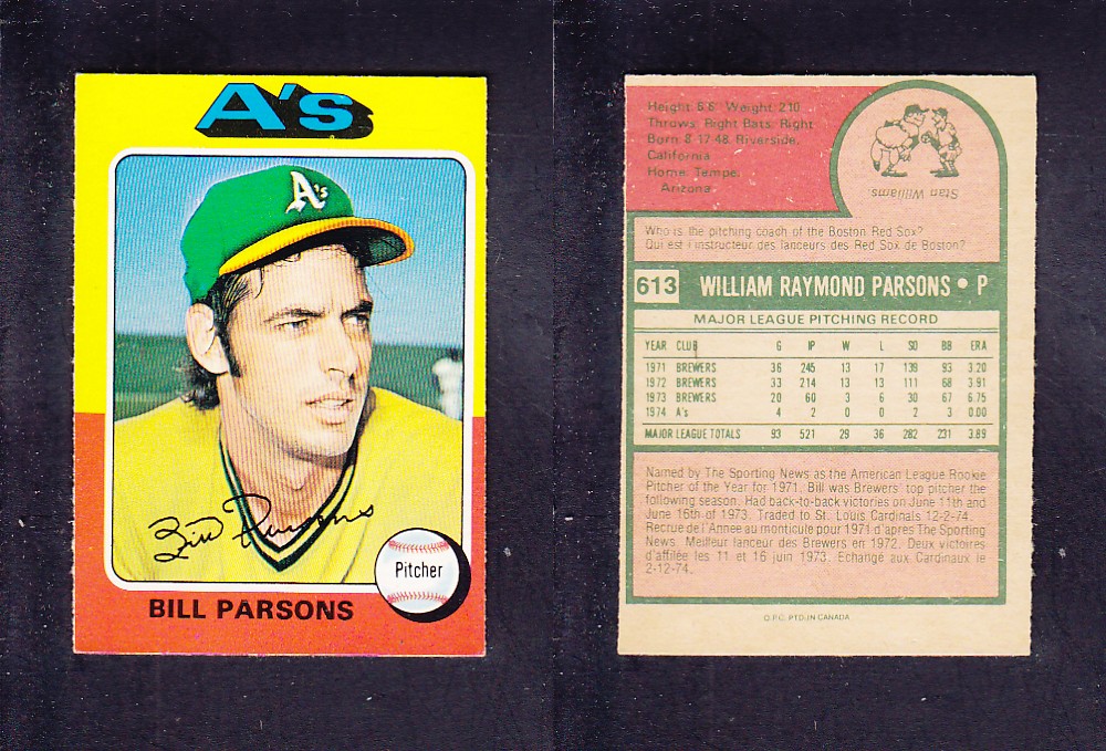 1975 O-PEE-CHEE BASEBALL CARD #613 B. PARSONS photo