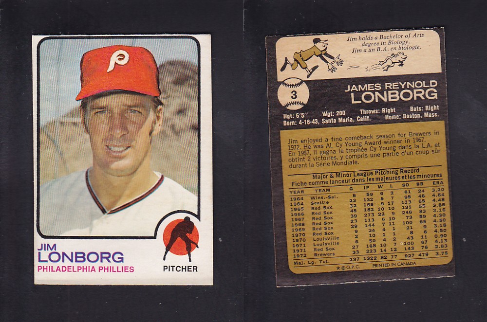 1973 O-PEE-CHEE BASEBALL CARD #3 J. LONBORG photo