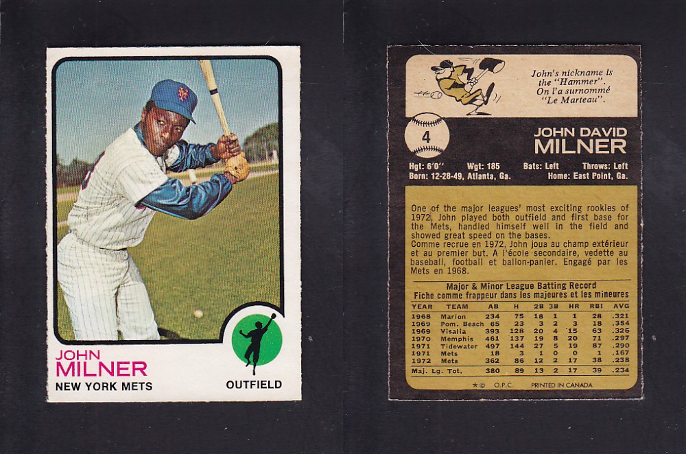 1973 O-PEE-CHEE BASEBALL CARD #4 J. MILNER photo