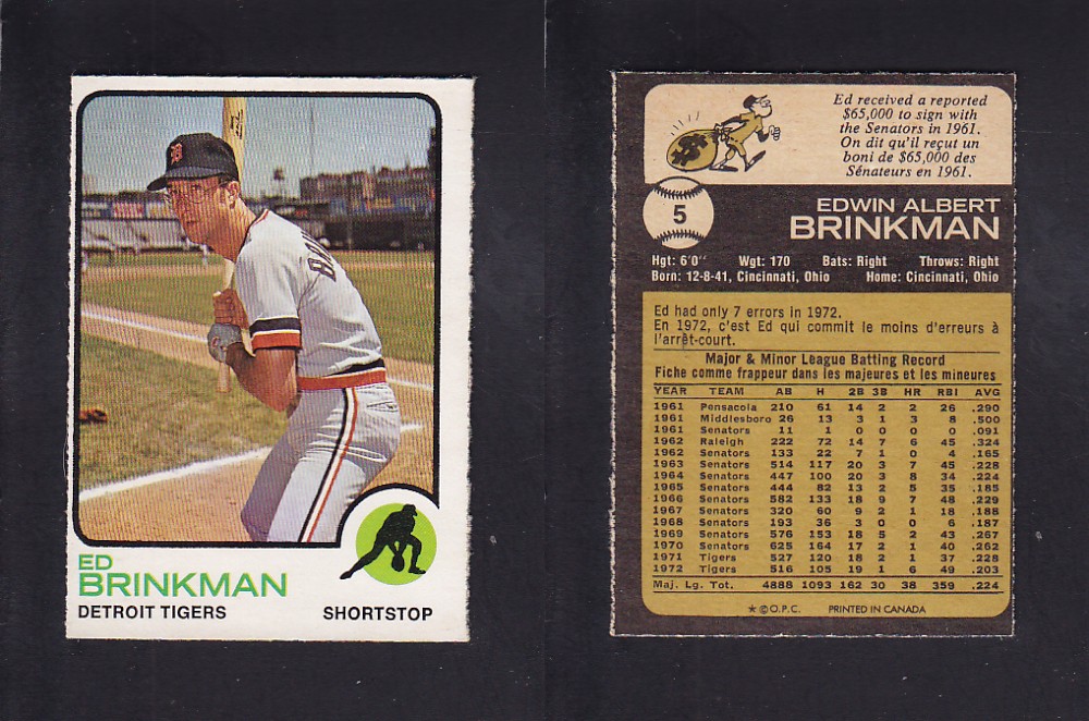 1973 O-PEE-CHEE BASEBALL CARD #5 E. BRINKMAN photo