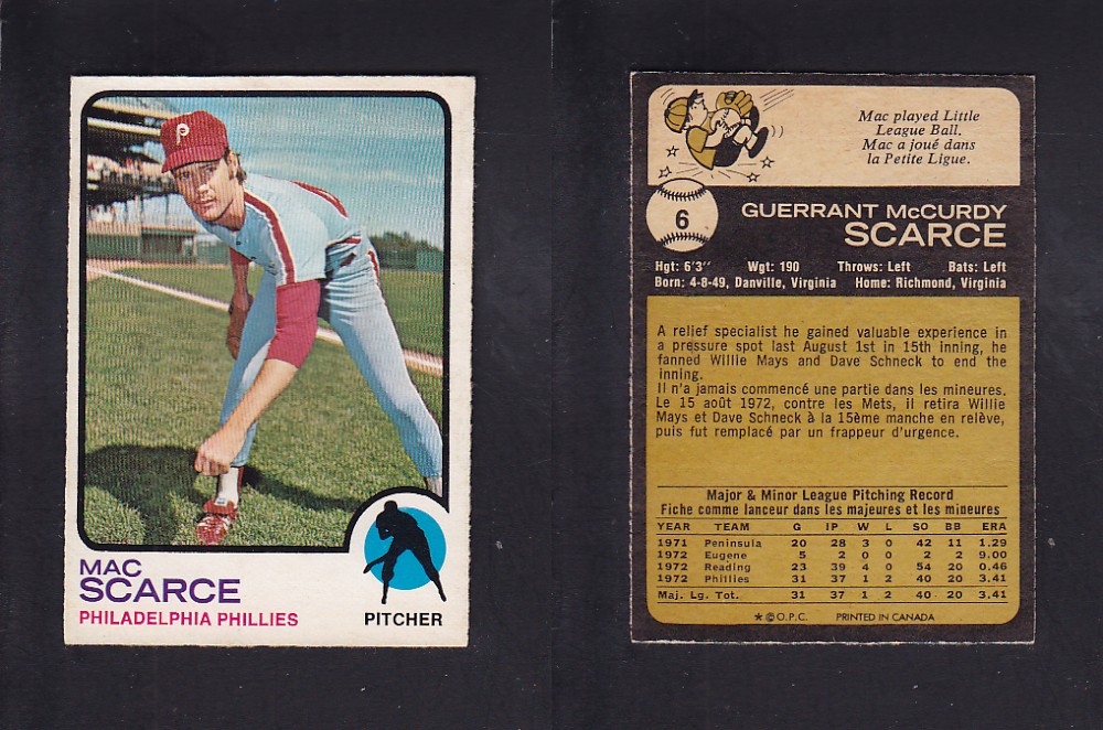 1973 O-PEE-CHEE BASEBALL CARD #6 M. SCARCE photo