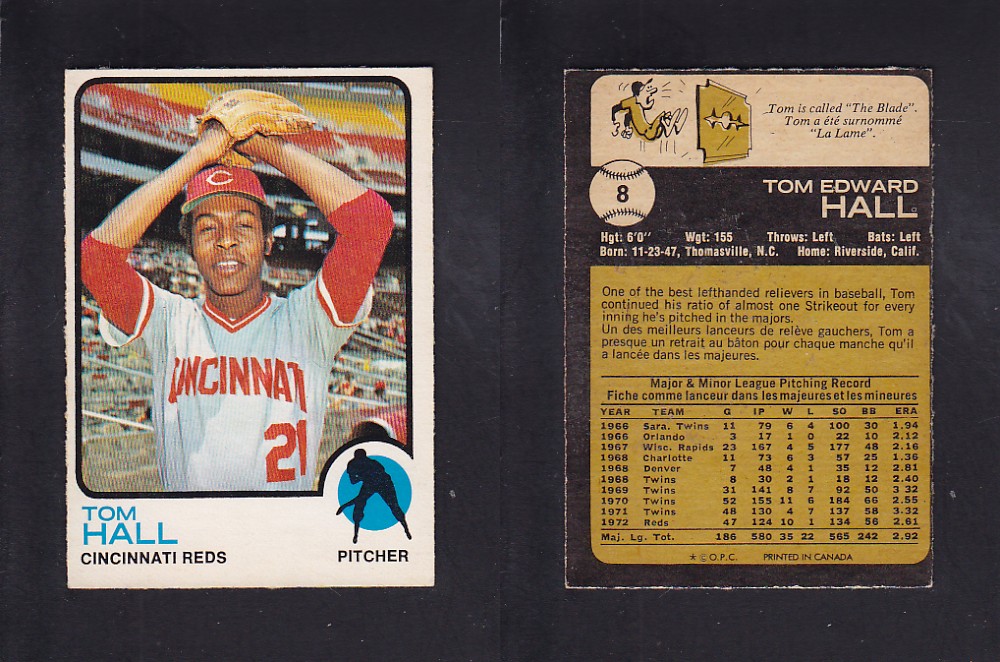 1973 O-PEE-CHEE BASEBALL CARD #8 T. HALL photo