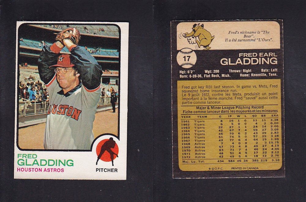 1973 O-PEE-CHEE BASEBALL CARD #17 F. GLADDING photo