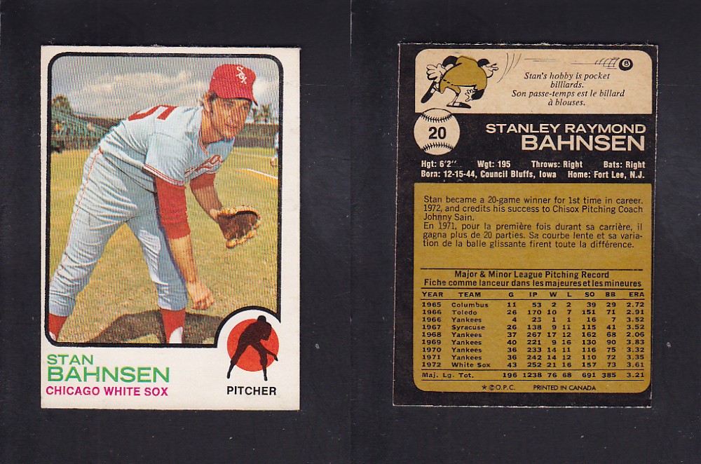 1973 O-PEE-CHEE BASEBALL CARD #20 S. BAHNSEN photo