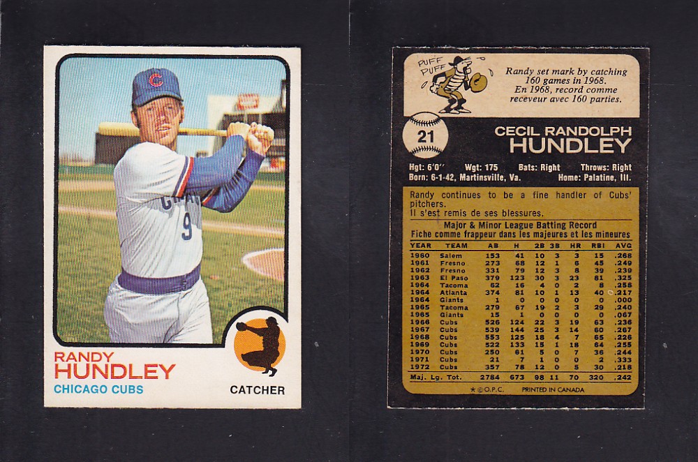 1973 O-PEE-CHEE BASEBALL CARD #21 R. HUNDLEY photo