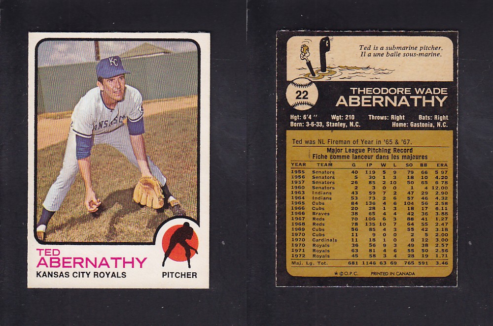 1973 O-PEE-CHEE BASEBALL CARD #22 T. ABERNATHY photo