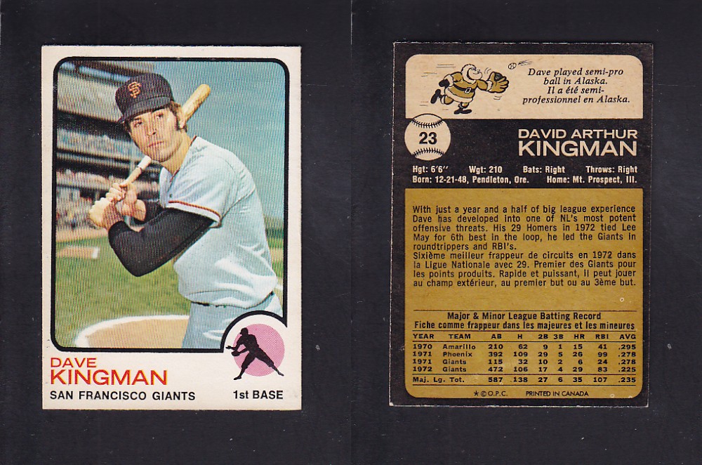 1973 O-PEE-CHEE BASEBALL CARD #23 D. KINGMAN photo