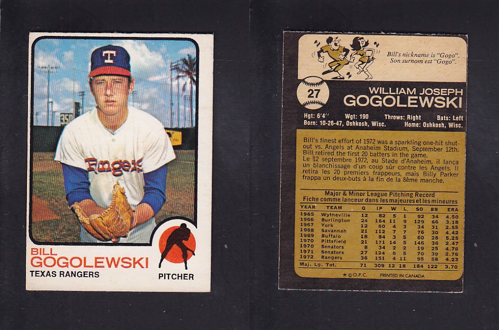 1973 O-PEE-CHEE BASEBALL CARD #27 B. GOGOLEWSKI photo