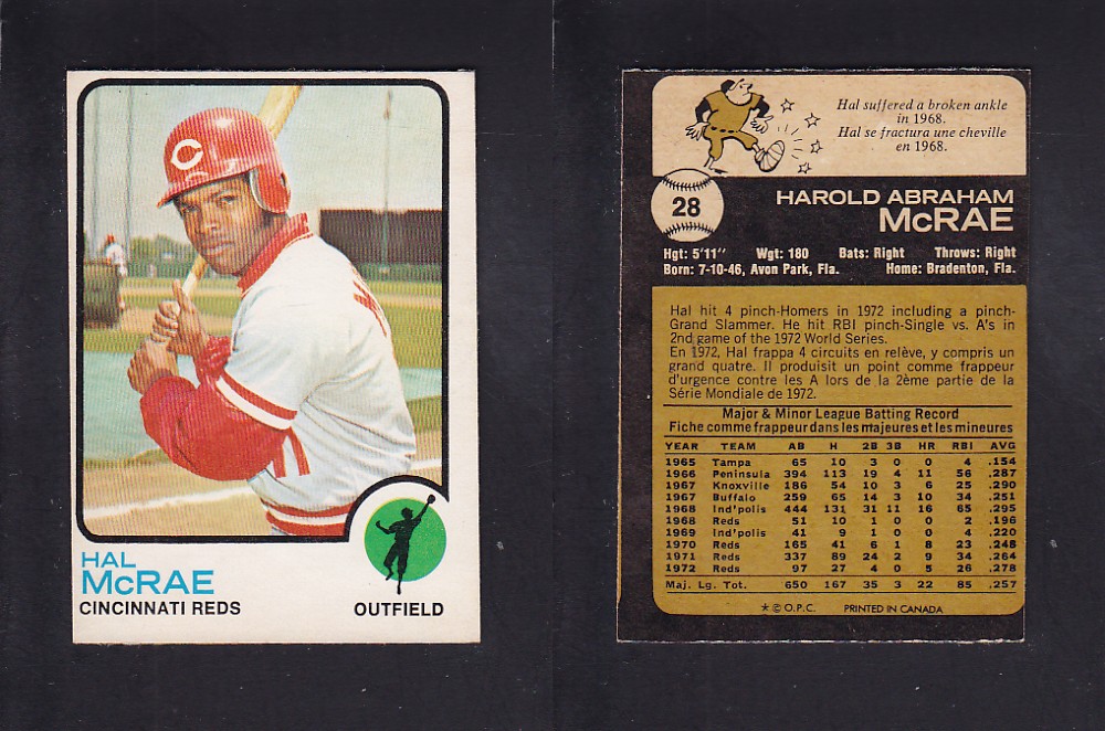 1973 O-PEE-CHEE BASEBALL CARD #28 H. McRAE photo