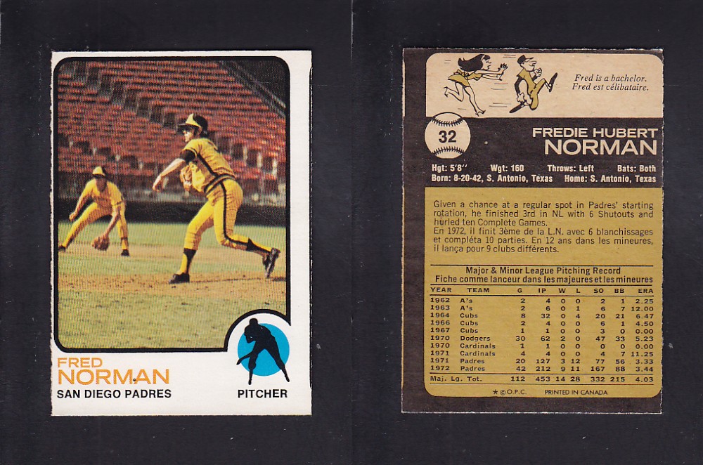 1973 O-PEE-CHEE BASEBALL CARD #32 F. NORMAN photo