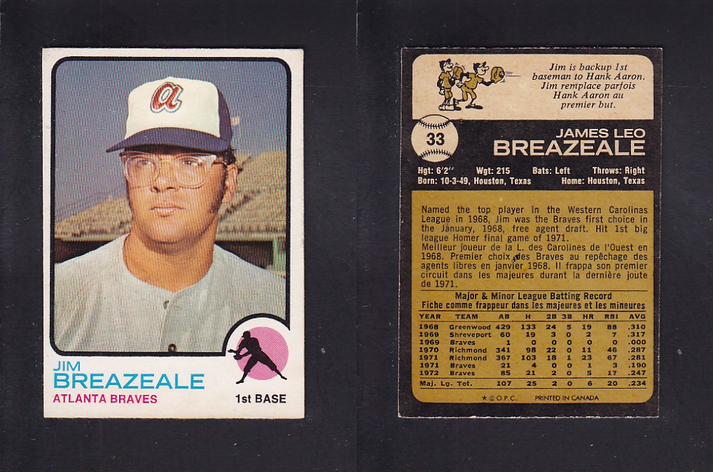 1973 O-PEE-CHEE BASEBALL CARD #33 J. BREAZEALE photo