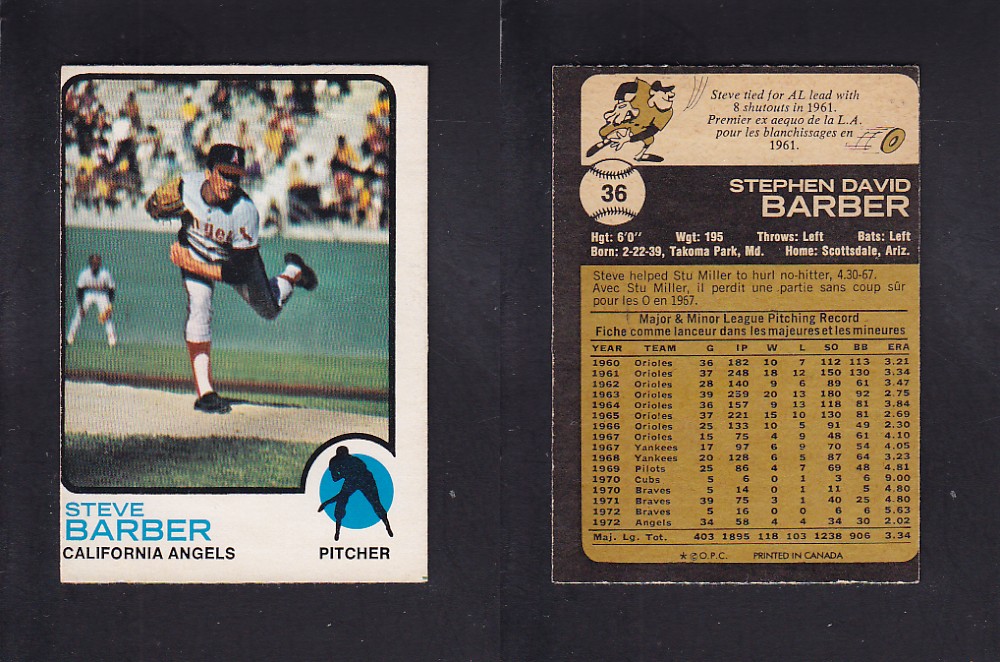 1973 O-PEE-CHEE BASEBALL CARD #36 S. BARBER photo