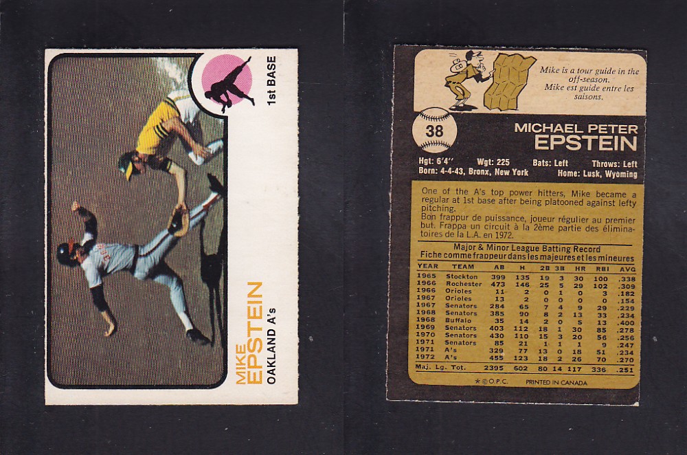 1973 O-PEE-CHEE BASEBALL CARD #38 M. EPSTEIN photo