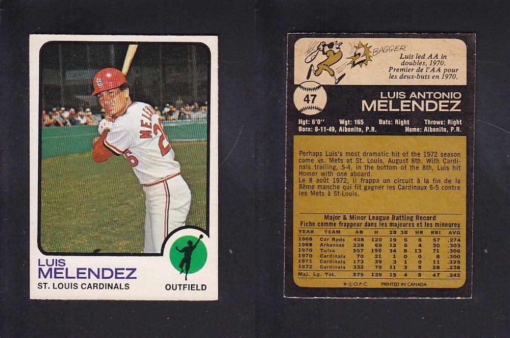 1973 O-PEE-CHEE BASEBALL CARD #47 L. MELENDEZ photo