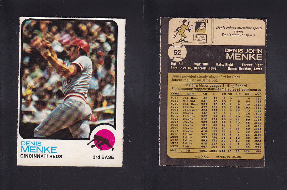 1973 O-PEE-CHEE BASEBALL CARD #52 D. MENKE photo