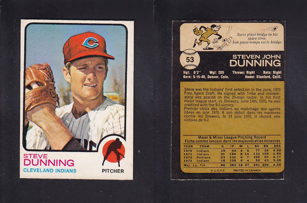 1973 O-PEE-CHEE BASEBALL CARD #53 S. DUNNING photo