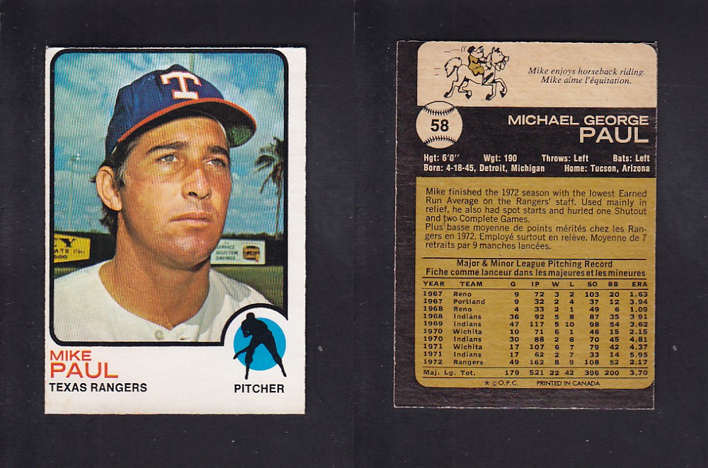 1973 O-PEE-CHEE BASEBALL CARD #58 M. PAUL photo